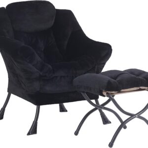 Plush Lazy Chair and Ottoman, Large Contemporary Accent Lounge Chair with Armrests and a Side Pocket, Modern Leisure Upholstered Sofa Reading Armchair with Footrest for Bedroom, Living Room