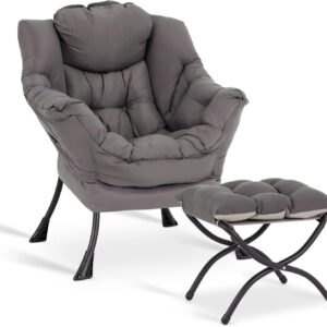 Lazy Chair with Ottoman, Modern Accent Leisure Upholstered Sofa Chair, Contemporary Lounge Reading Chair with Armrests and a Side Pocket for Living Room, Bedroom & Small Space, Dark Grey