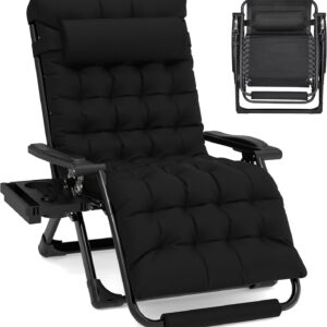 Oversized Zero Gravity Chairs XXL, 33In Padded Zero Gravity Lounge Chair, Lawn Recliner, Folding Patio Reclining Chair w/Aluminum Alloy Lock, Headrest, Cup Holder, Support 500lbs, Black