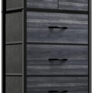 Fabric Dresser with 5 Drawers - Storage Tower with Large Capacity, Organizer Unit for Bedroom, Living Room & Closets - Sturdy Steel Frame, Wooden Top & Easy Pull Fabric Bins