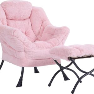 Plush Lazy Chair and Ottoman, Large Contemporary Accent Lounge Chair with Armrests and a Side Pocket, Modern Leisure Upholstered Sofa Reading Armchair with Footrest for Bedroom, Living Room