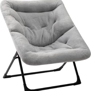 X-Large Saucer Chair, Comfy Oversized Folding Chair, Faux-Fur Reading Chair for Teens, Adults, Foldable Accent Lazy Chair, Metal Frame Lounge Chair for Living Room, Bedroom, Dorm, Grey