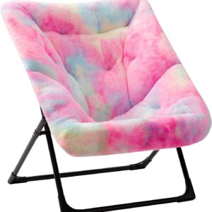 X-Large Saucer Chair, Comfy Oversized Folding Chair, Faux-Fur Reading Chair for Teens, Adults, Foldable Accent Lazy Chair, Metal Frame Lounge Chair for Living Room, Bedroom, Dorm, Colorful