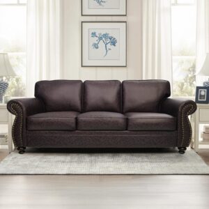 Mid-Century Vintage Sofa Couches with Rivet Design,loveseat Sofa,Removable Sofa Cover Upholstered Cushions and Solid Wood Frame (Brown, 3-Seater)