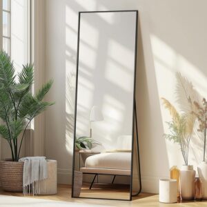 Wall Mirror Full Length Mirror,Standing Mirror Full Body,Large Floor Mirror for Wall Door Bedroom Bathroom Living Room with Aluminium Frame(with Stand,56x15-Black)