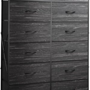 Tall Dresser for Bedroom with 13 Drawers, Storage Dresser Organizer Unit, Fabric Dresser for Bedroom, Closet, Chest of Drawers, Steel Frame, Wood Top, Charcoal Black Wood Grain Print